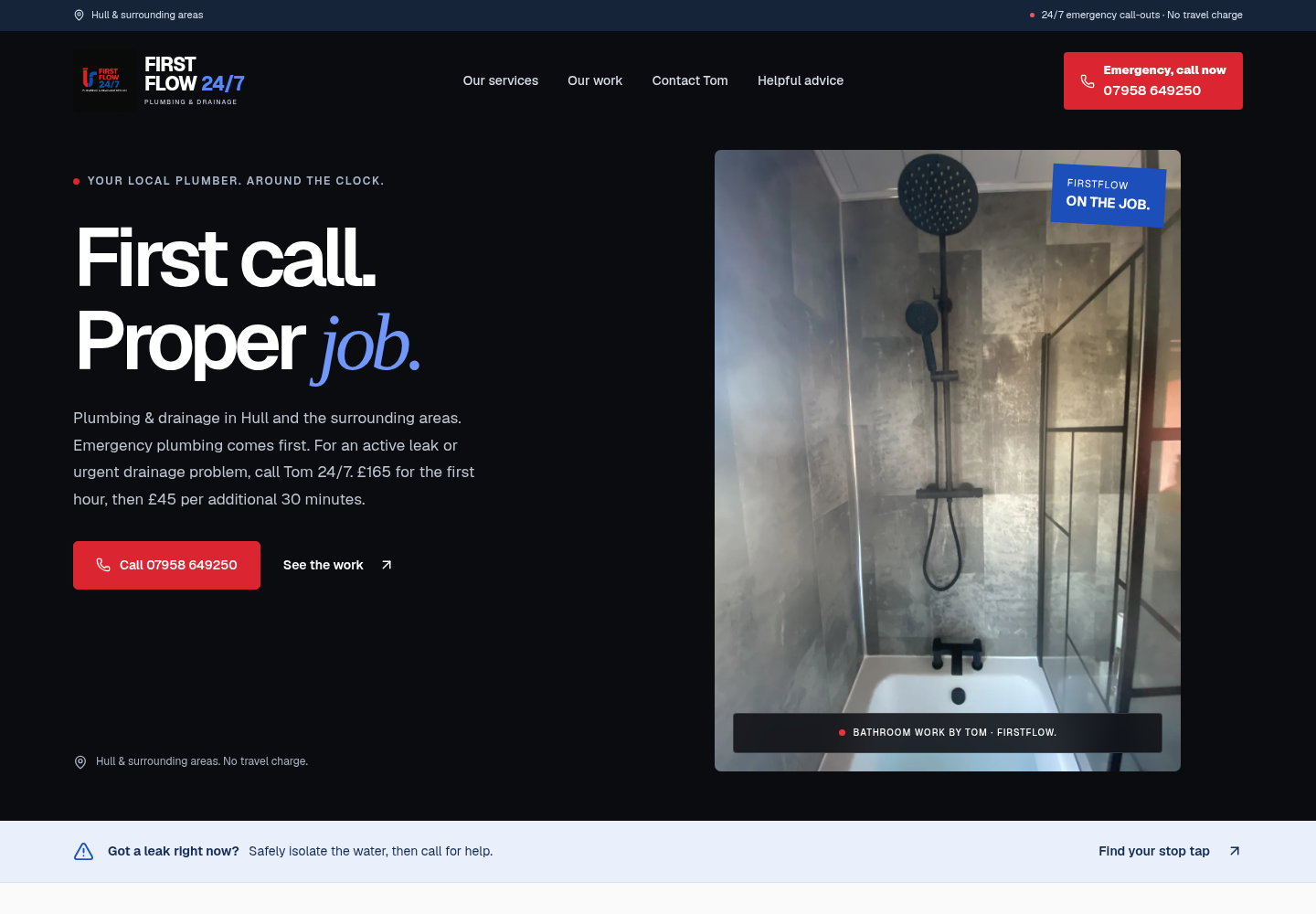 FirstFlow247 homepage with plumbing service information, an emergency call button and a photograph of Tom’s bathroom installation